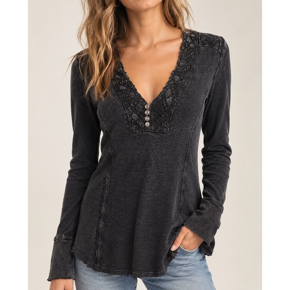 Sundance Mineral Wash Lace Trim Thermal Henley, Small Charcoal Grey Boho waffle